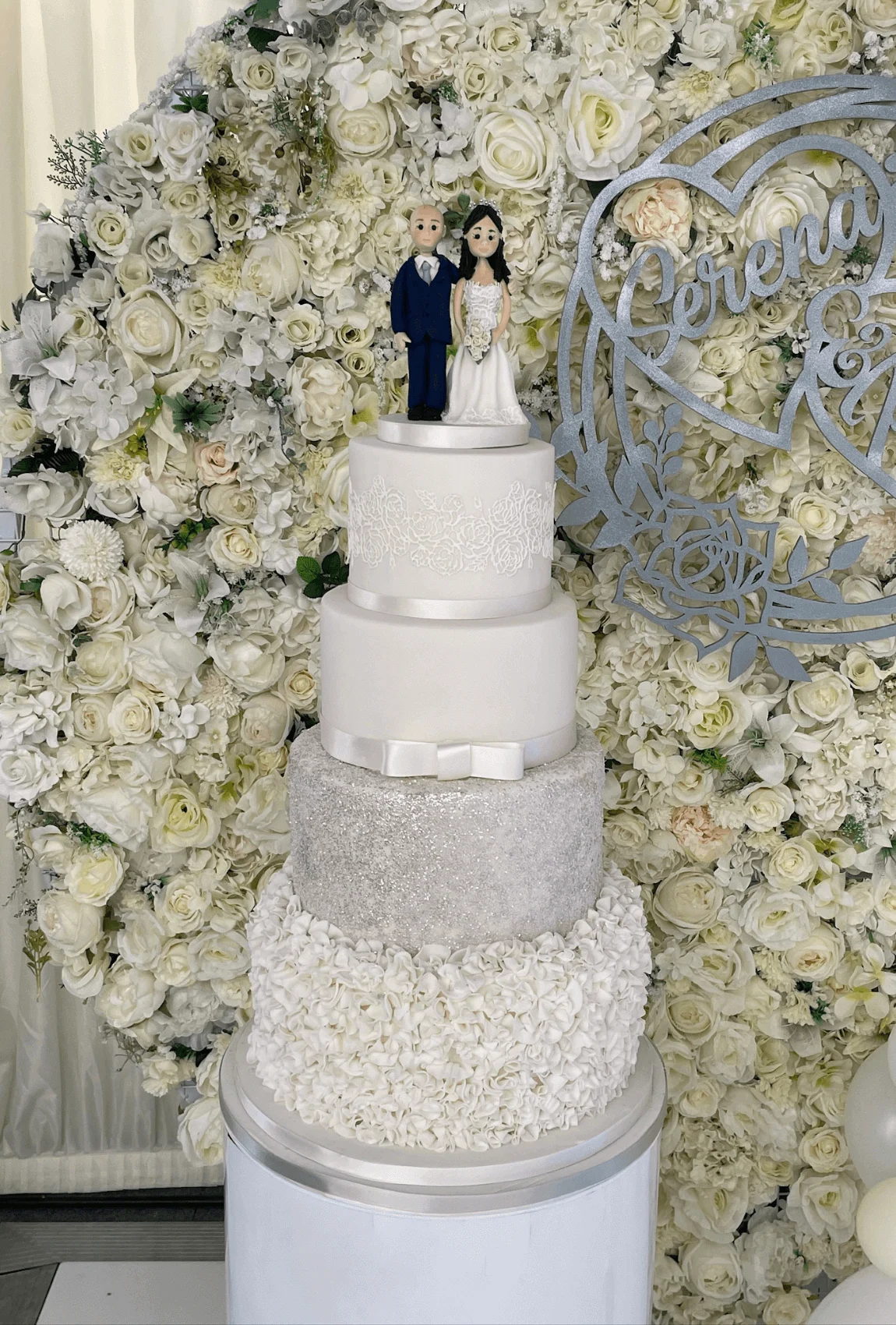 Elegant white bespoke wedding cake with floral details by Anne Robinson, a luxury cake designer in Cambridgeshire – Wedding Cake Design 6